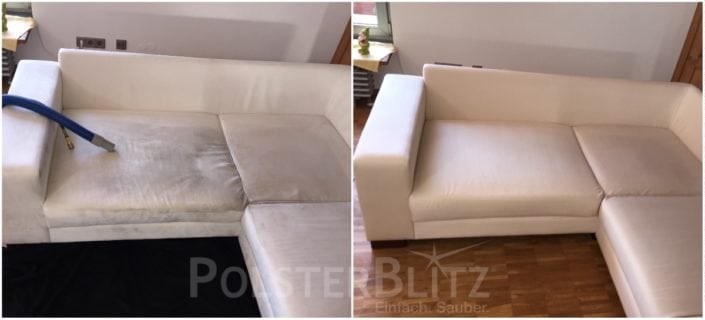 Vorher-Nachher Bild Polsterreinigung weiße Eck-Couch