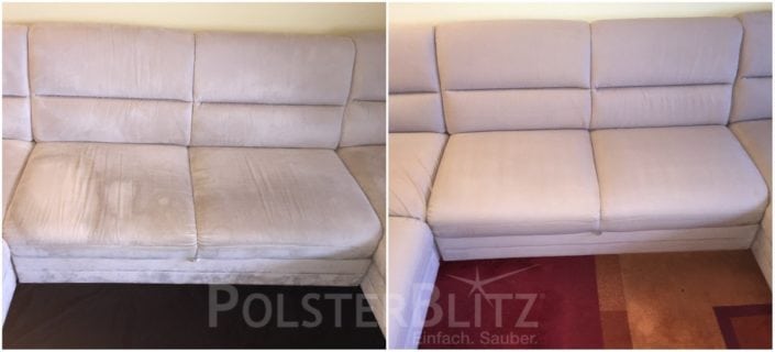 Vorher-Nachher Bild Polsterreinigung weiße Couch Sitzpolster