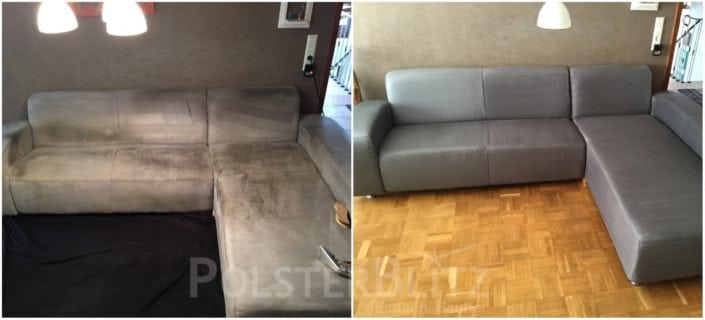 Vorher-Nachher Bild Polsterreinigung graue Eck-Couch