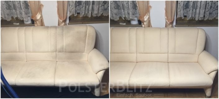 Vorher-Nachher Bild Polsterreinigung weißes Sofa