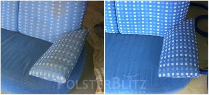 Vorher-Nachher Bild Polsterreinigung blau Sofa